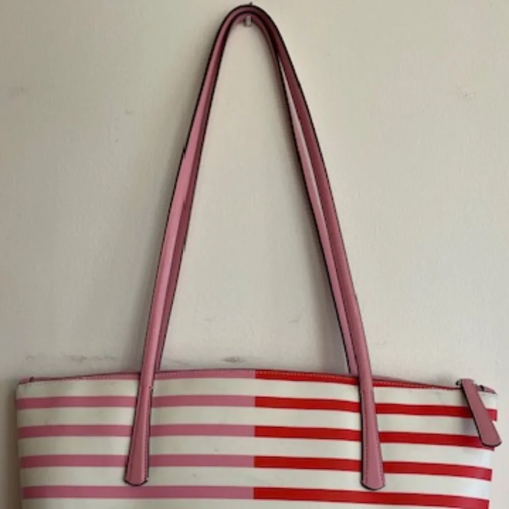 KATE SPADE New York Zina Red Pink White Stripe Large Coated Canvas Tote …